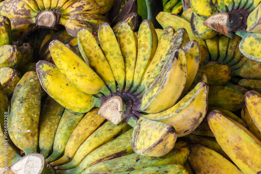 Bundles of bananas on the Asian market. Ripe, organic fruit.