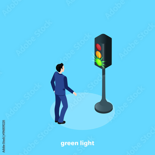 a man in a business suit and a traffic light with a burning green light, an isometric image