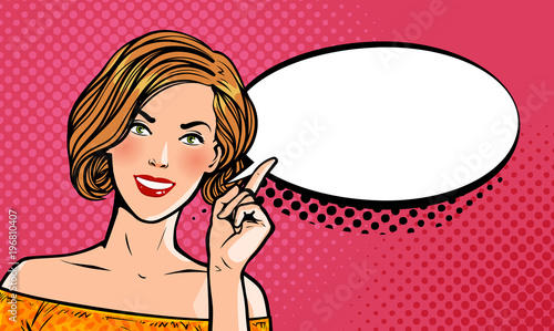 Beautiful girl or young woman with index finger. Pin-up concept. Pop art retro comic style. Cartoon vector illustration