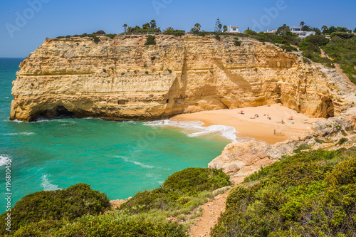 A view of beach in Benagil fishing village on coast of Portugal