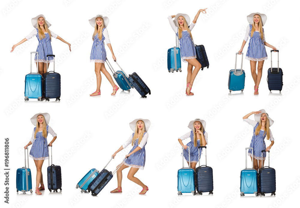 Woman ready for summer travel isolated on white