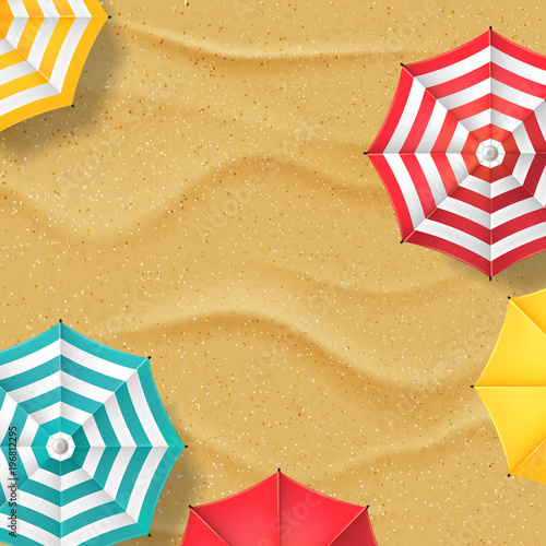 Vector illustration of yellow sand beach and multicolor striped umbrellas. Top view summer vacation abstract banner background with place for text