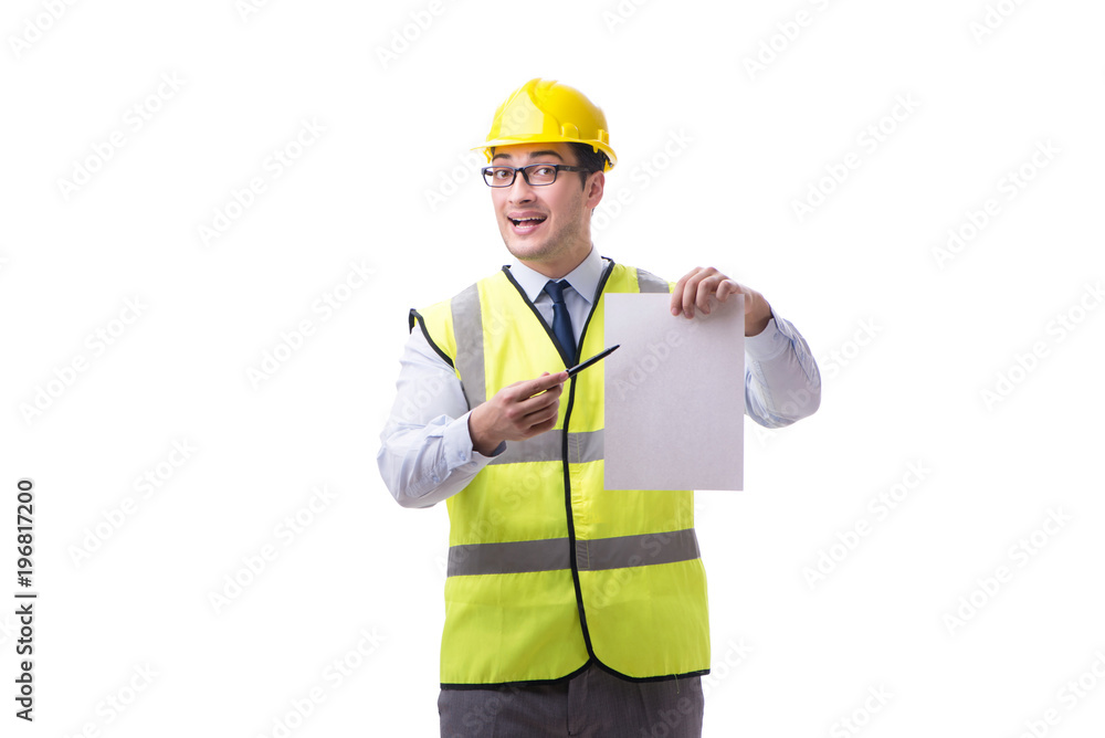 Construction supervisor with blank sheet isolated on white backg Construction supervisor with blank sheet isolated on white backg