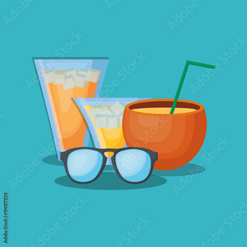 Summer time design with cocktails drinks and sunglasses over blue background, colorful design vector illustration