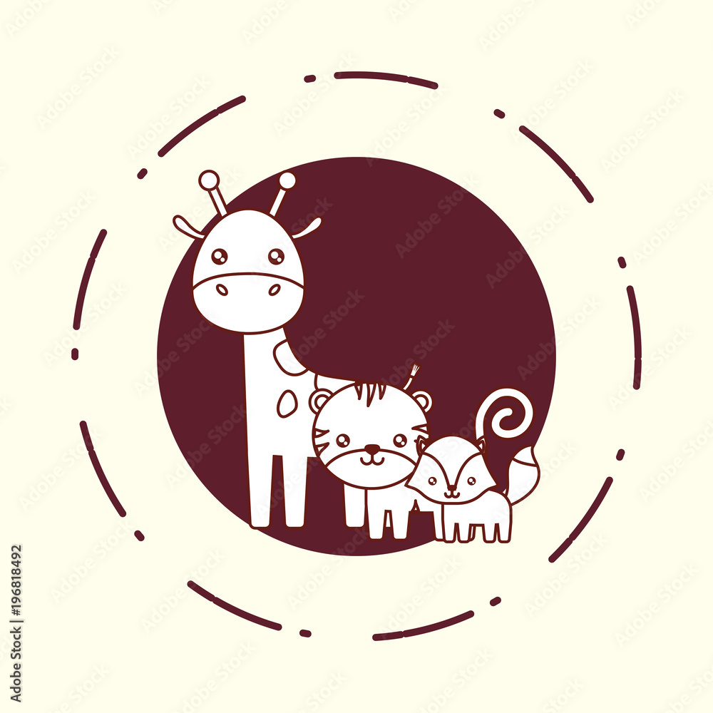 Naklejka premium circular frame with cute giraffe and tiger over white background, line design vector illustration
