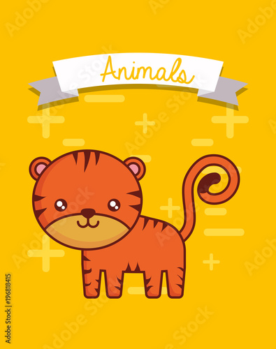 Decorative ribbon and cute tiger over yellow background, colorful design vector illustration
