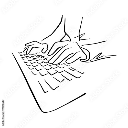 hand using keyboard of computer vector illustration sketch hand drawn with black lines isolated on white background