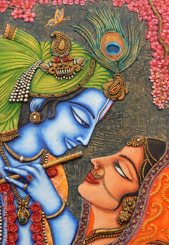 Closeup of Hindu God Sri Krishna and Radha art as in mythology in a temple 