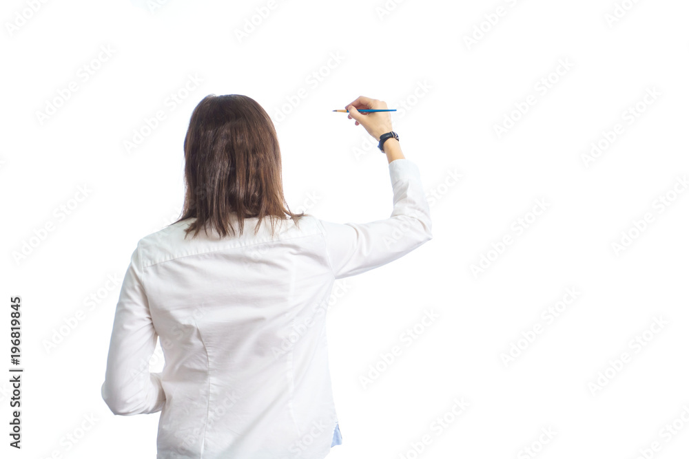 Obraz premium Isolated portrait of an artist standing next to an empty wall ready for drawing