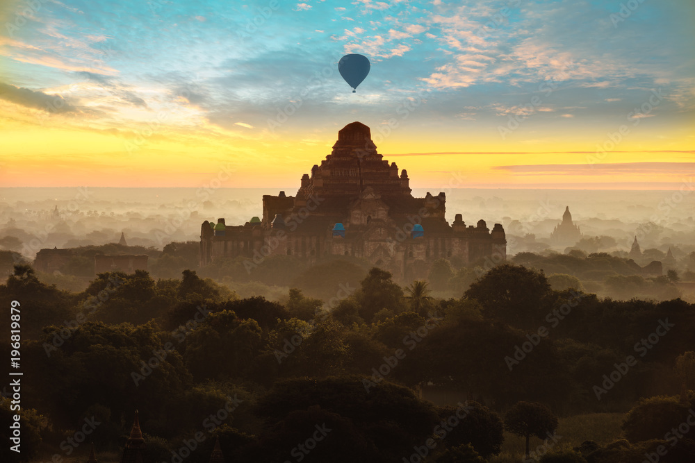 Beautiful scenery during sunrise at the pagoda of Bagan, Myanmar