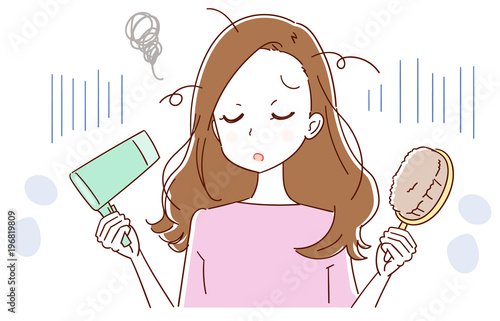 ヘアケアについて悩んでいる女性のイラスト