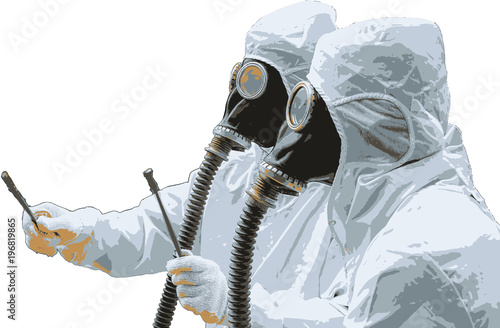 Two men in bio-hazard suits and gas masks. Two men in bio-hazard suits, both wear gas masks with flexible rubber breathing tubes. One of them holds a pair of rusty steel bar.