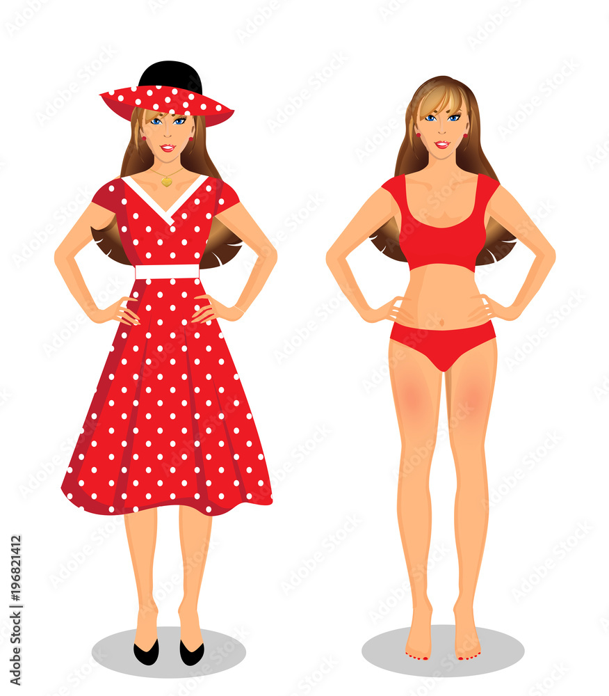 Girls set in red dress and bikini underwear on white Girls set in red dress and bikini underwear on white