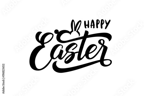Happy Easter text with bunny for logotype, badge and icon. Hand drawn spring celebration postcard, card, invitation, poster, banner template. Lettering typography. Seasons Greetings