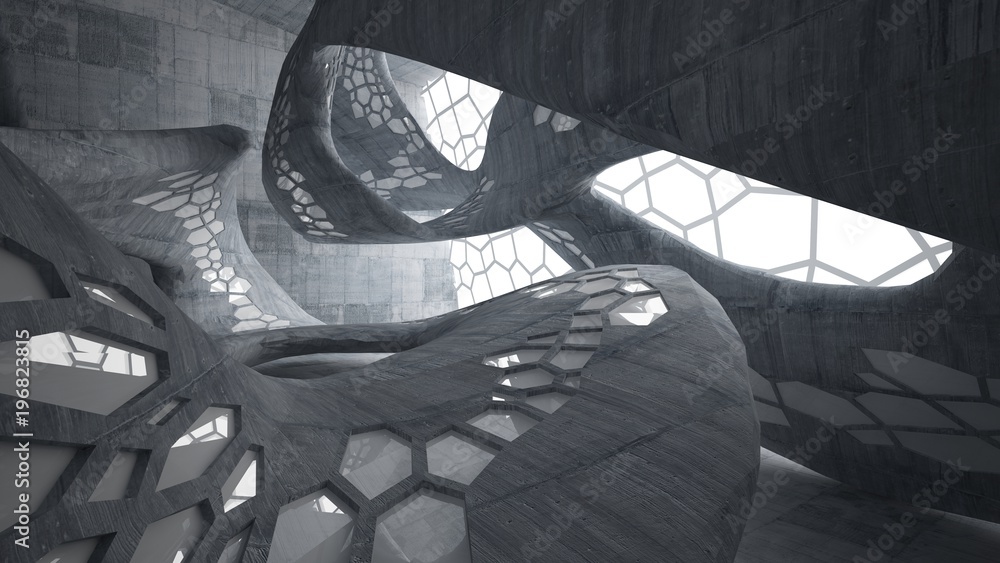 Abstract white and concrete parametric interior with window. 3D illustration and rendering. Abstract white and concrete parametric interior with window. 3D illustration and rendering.