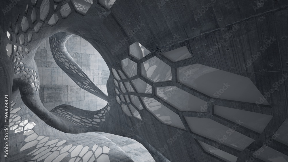 Abstract white and concrete parametric interior with window. 3D illustration and rendering. Abstract white and concrete parametric interior with window. 3D illustration and rendering.