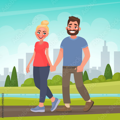 Happy couple in a city park. Man and woman holding hands walking outdoors. Vector illustration