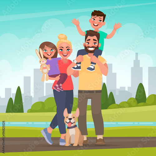 Happy family in the park. Father, mother, son and daughter together in nature. Vector illustration