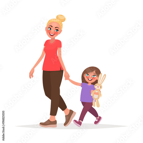 Mom and daughter are walking together. Vector illustration