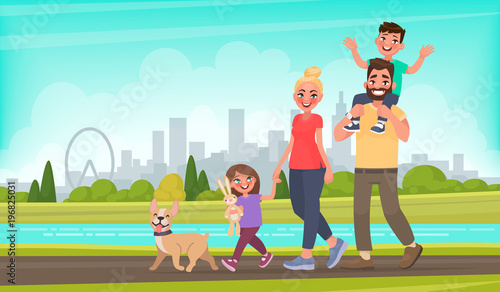 Happy family walks around the city park. Father, mother, son and daughter together outdoors. Vector illustration