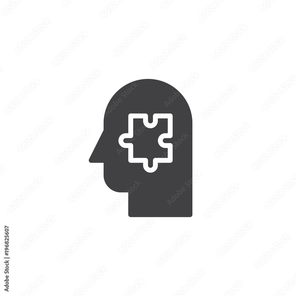 Puzzle piece in human head vector icon. filled flat sign for mobile concept and web design. intelligence, Thinking simple solid icon. Symbol, logo illustration. Pixel perfect vector graphics Puzzle piece in human head vector icon. filled flat sign for mobile concept and web design. intelligence, Thinking simple solid icon. Symbol, logo illustration. Pixel perfect vector graphics