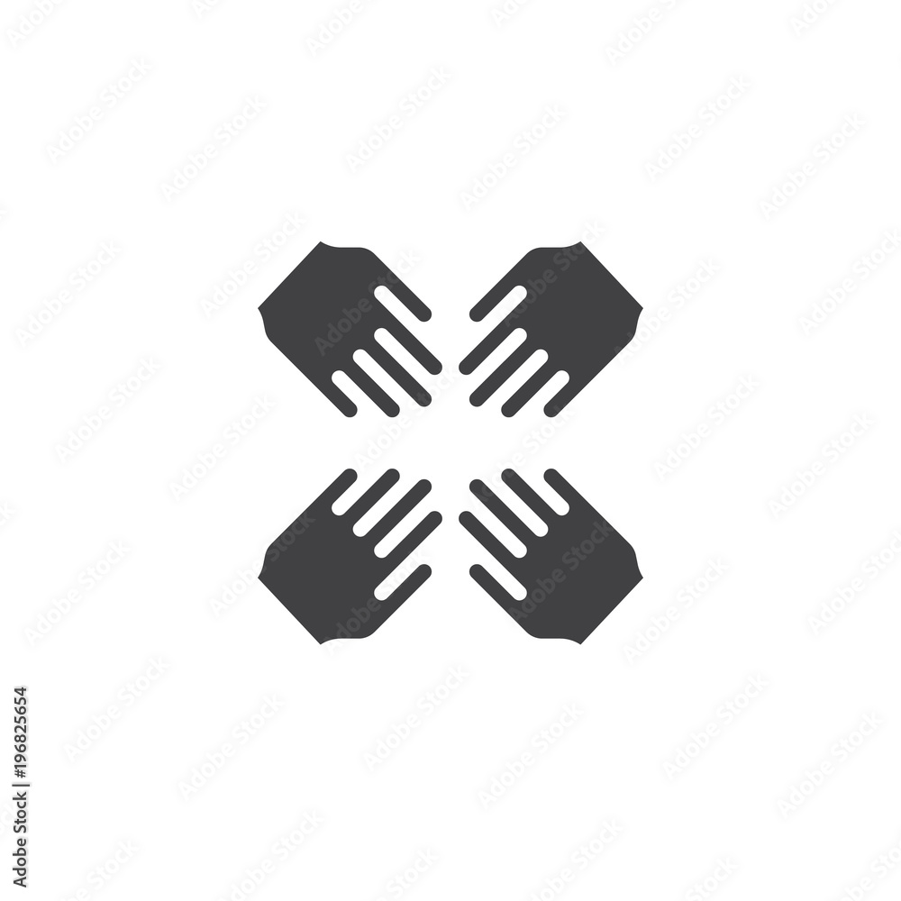 Four hands join together vector icon. Cooperation filled flat sign for mobile concept and web design. Teamwork simple solid icon. Symbol, logo illustration. Pixel perfect vector graphics Four hands join together vector icon. Cooperation filled flat sign for mobile concept and web design. Teamwork simple solid icon. Symbol, logo illustration. Pixel perfect vector graphics