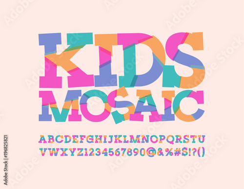 Vector Abstract pattern sliced Font for Children. Kids mosaic colorful Alphabet Letters, Numbers and Punctuation Symbols