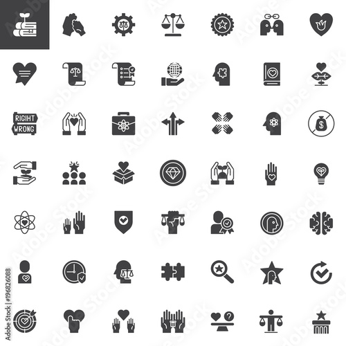 Ethics universal vector icons set, modern solid symbol collection, filled style pictogram pack. Signs logo illustration. Set includes icons as law scales, puzzle, business, teamwork, donation, science