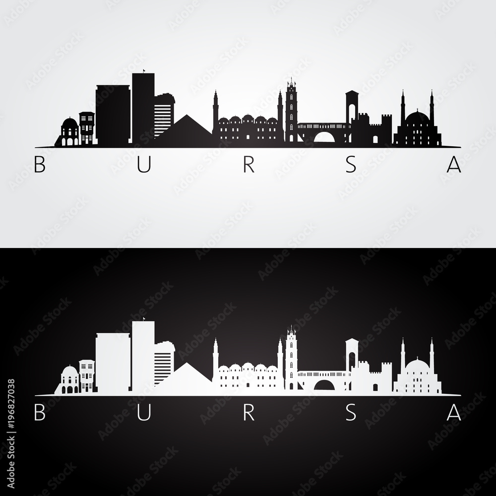 Obraz Bursa skyline and landmarks silhouette, black and white design, vector illustration.