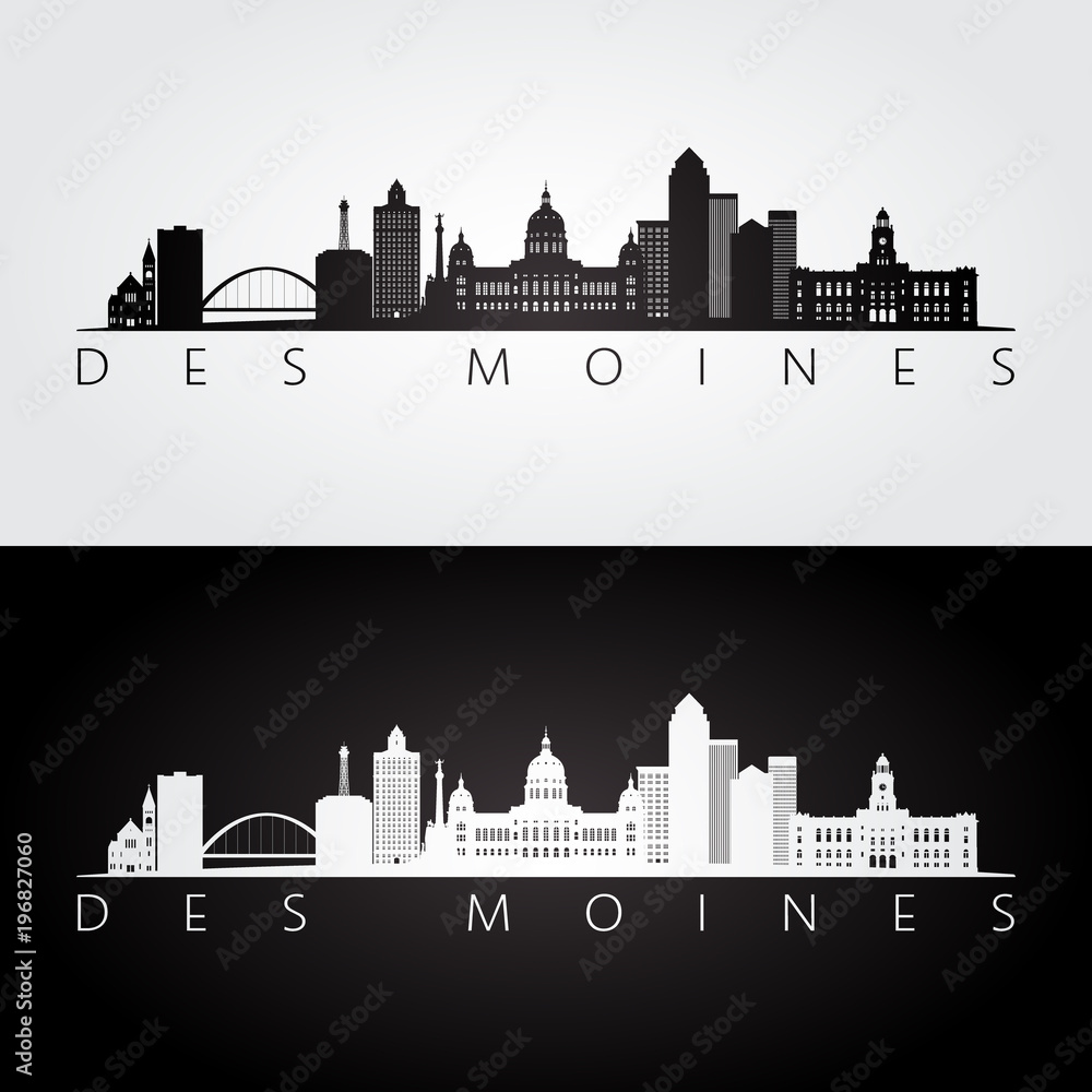 Des Moines USA skyline and landmarks silhouette, black and white design, vector illustration.