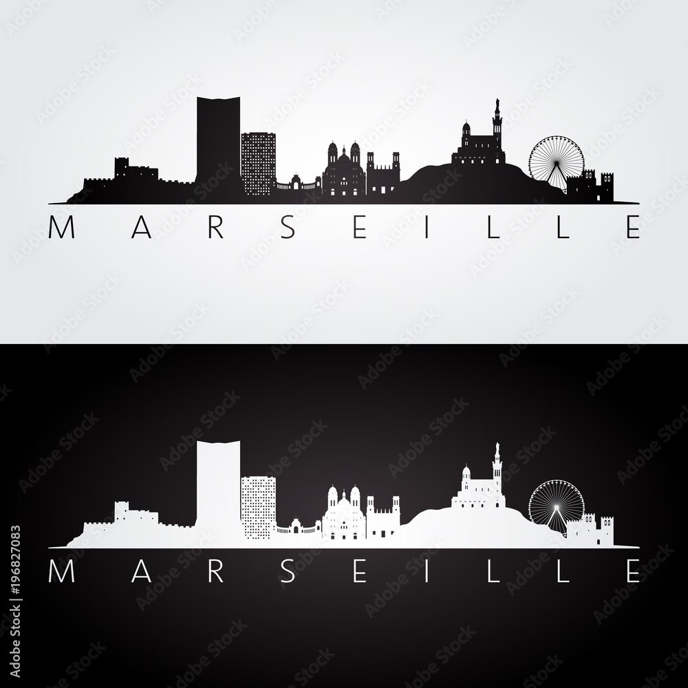 Marseille skyline and landmarks silhouette, black and white design, vector illustration.