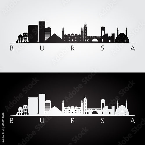 Bursa skyline and landmarks silhouette, black and white design, vector illustration.
