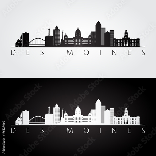 Des Moines USA skyline and landmarks silhouette, black and white design, vector illustration.