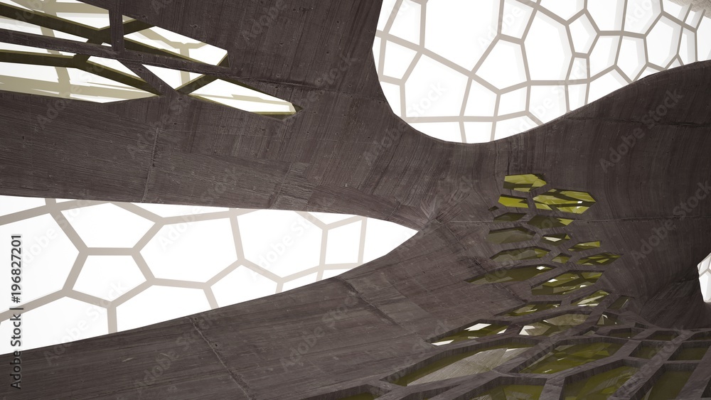 Abstract white and concrete interior with glossy green lines. 3D illustration and rendering. Abstract white and concrete interior with glossy green lines. 3D illustration and rendering.