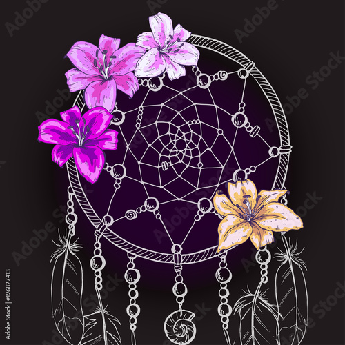 Hand drawn ornate Dream catcher with beautiful lily flowers on a black background. Vector illustration.