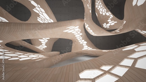 Abstract  concrete and wood parametric interior  with window. 3D illustration and rendering.
