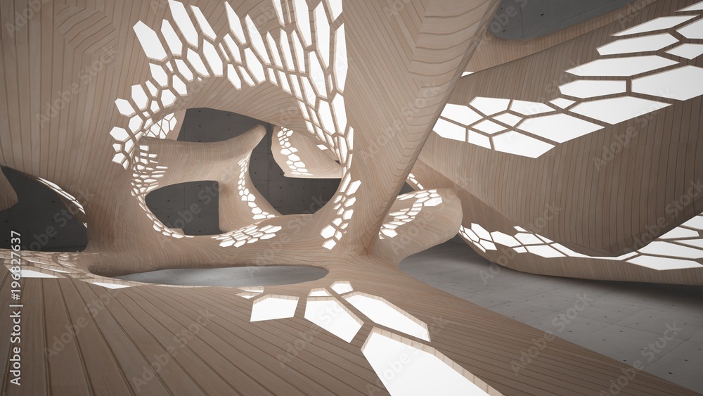 Abstract concrete and wood parametric interior with neon lighting. 3D illustration and rendering. Abstract concrete and wood parametric interior with neon lighting. 3D illustration and rendering.