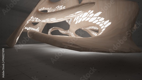 Abstract  concrete and wood parametric interior  with neon lighting. 3D illustration and rendering.