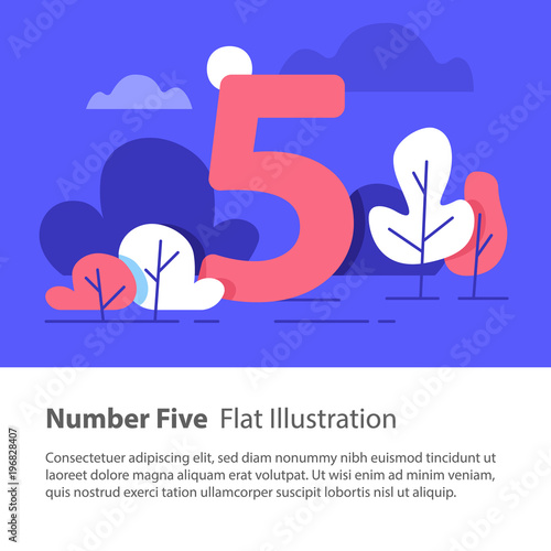 Sequential number, number five, top chart concept, night sky, flat illustration