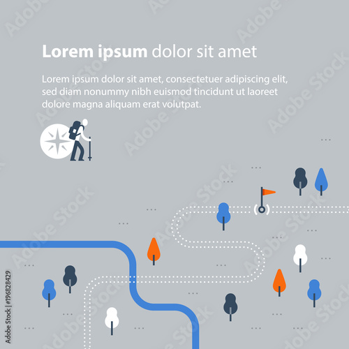 Outdoor trail, hiking map, countryside landscape, Nordic walking, orienteering concept, trail path