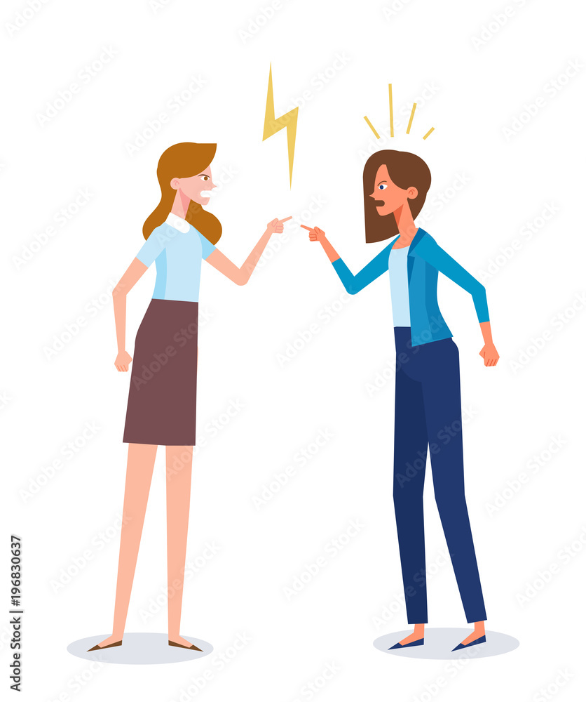Woman conflict. Two women characters quarrel and make a loud public scandal . Vector flat cartoon illustration. Woman conflict. Two women characters quarrel and make a loud public scandal . Vector flat cartoon illustration.