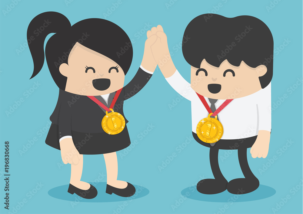 businessman and businesswoman winner with award champion gold medal celebrates victory and success. Vector illustration you win on background businessman and businesswoman winner with award champion gold medal celebrates victory and success. Vector illustration you win on background