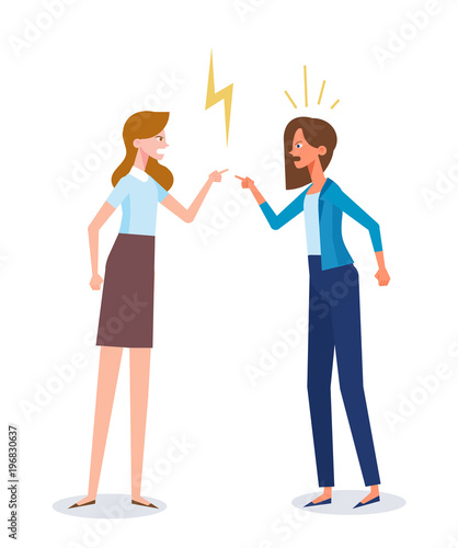 Woman conflict. Two women characters quarrel and make a loud public scandal . Vector flat cartoon illustration.