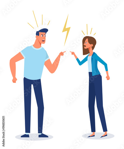 Angry man and woman quarrelling and making a loud public scandal . Vector flat cartoon illustration