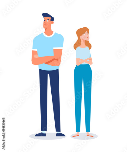 Angry man and woman quarrelling and making a loud public scandal . Vector flat cartoon illustration