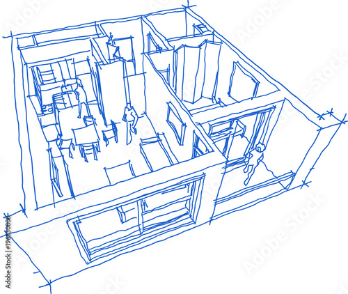 hand drawn sketch of Perspective cut away diagram of a one bedroom apartment completely furnished 
