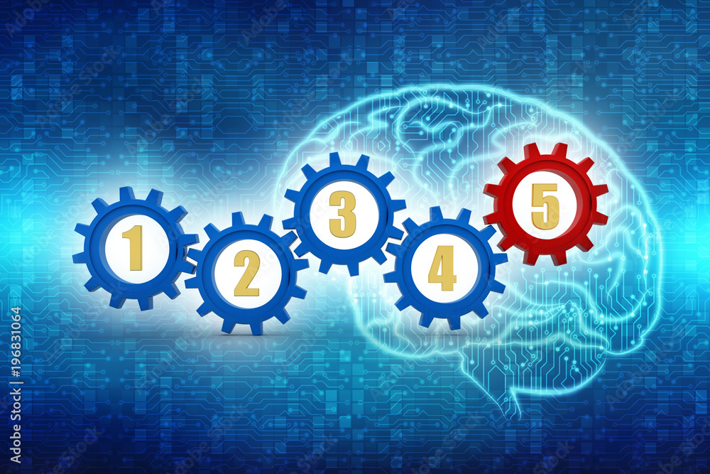 Steps 1 to 5 Numbers Gears Process System Procedure, gear mechanism concept. 3d Illustration Steps 1 to 5 Numbers Gears Process System Procedure, gear mechanism concept. 3d Illustration