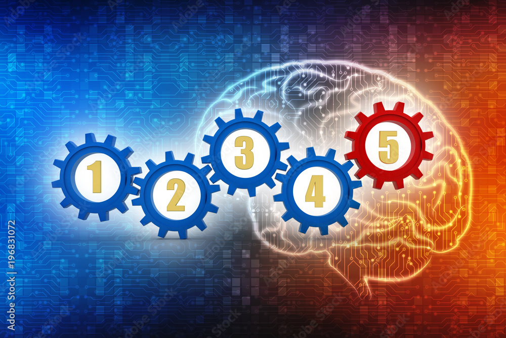 Steps 1 to 5 Numbers Gears Process System Procedure, gear mechanism concept. 3d Illustration Steps 1 to 5 Numbers Gears Process System Procedure, gear mechanism concept. 3d Illustration