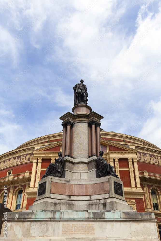 Royal Albert Hall, a concert hall dedicated to the husband of Queen Victoria, Prince Albert, The statue of Albert , London, United Kingdom