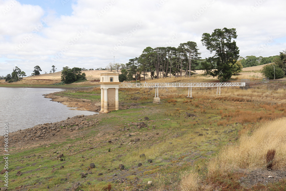 Intake tower and service bridge at Malmsbury Reservoir in Australia